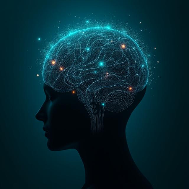 Conceptual graphic of human intelligence merging with digital AI networks