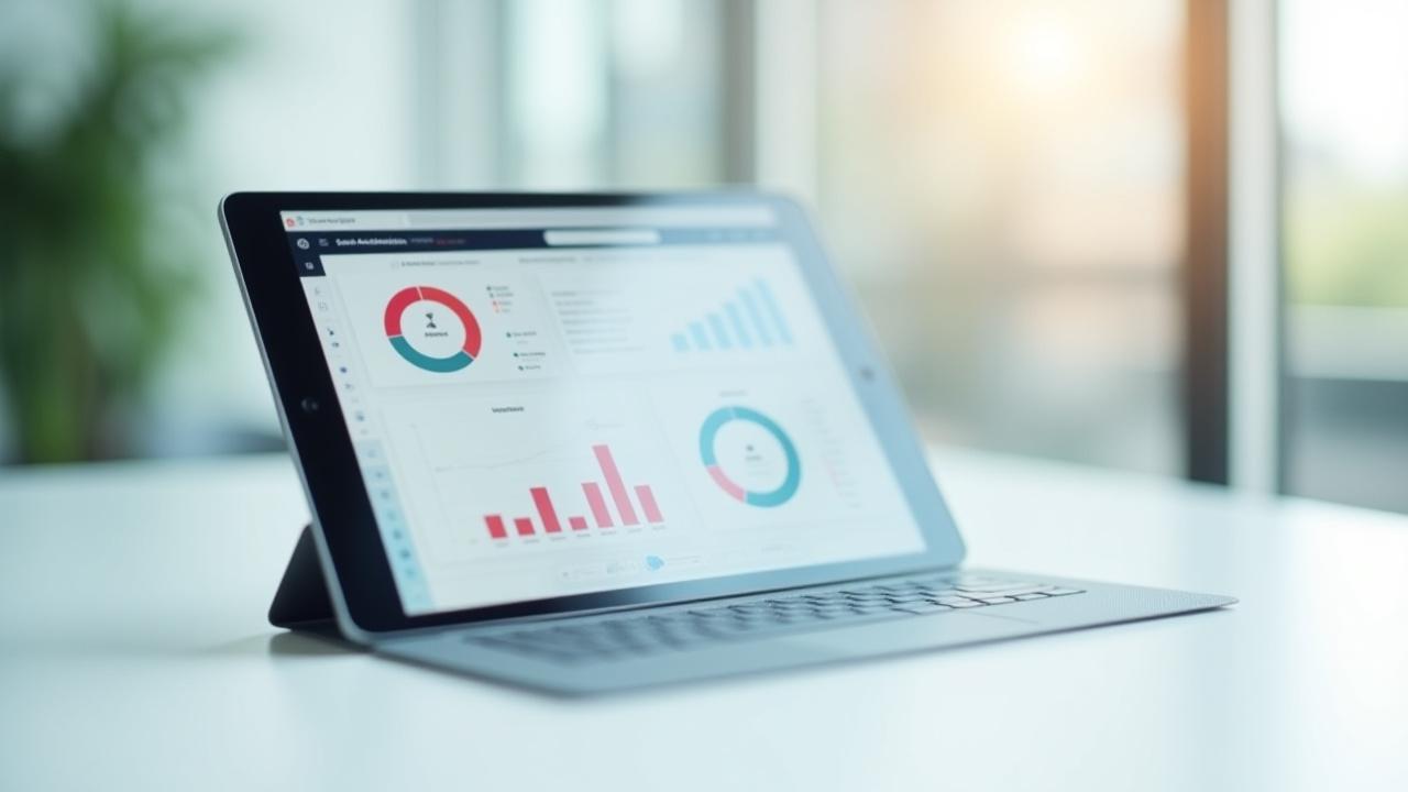 Modern HR Information System dashboard showing workforce analytics and employee engagement data on a sleek tablet device.