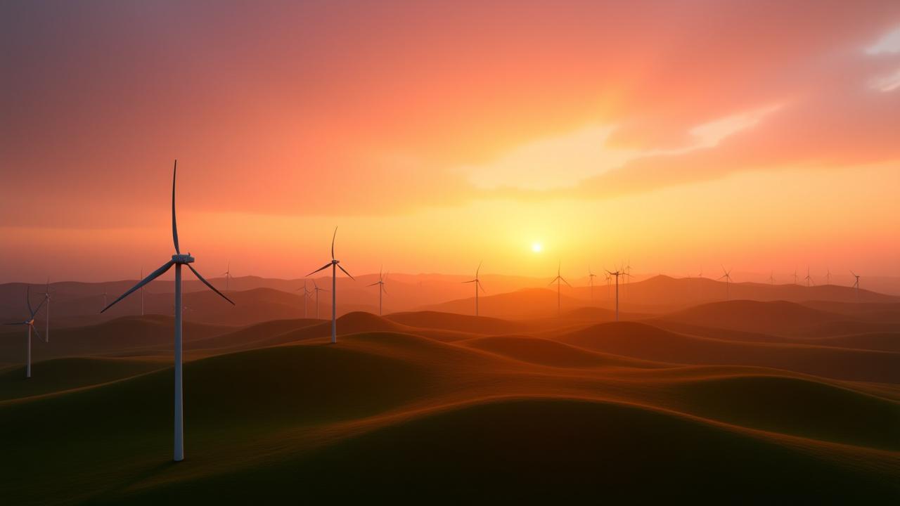 Panoramic view of an Australian wind farm at sunset with clear skies